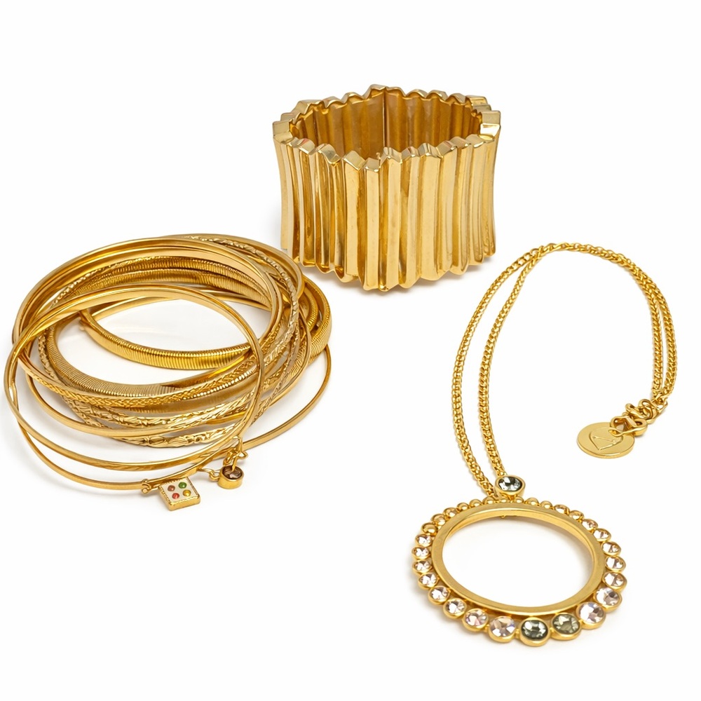 LayeredJewelry Bundle | Stack Bangles, Ribbed Cuff,Rhinestone Pendant Necklace